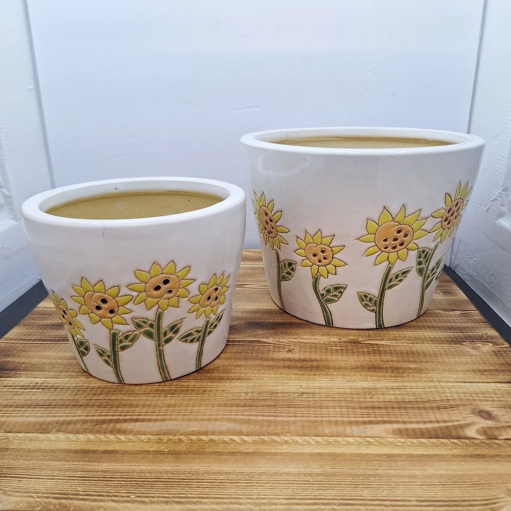 Sunflower Carved Pot Planter Artisan Pottery Art Whimsical set X2 LG 8